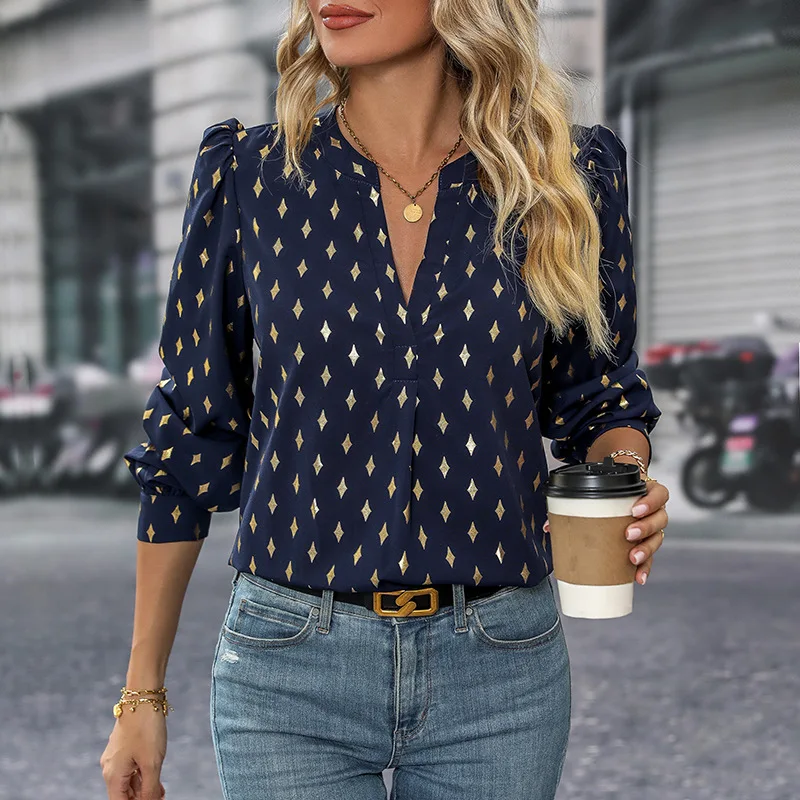 

2025 Autum New European and American Cross-Border Long-Sleeved Commuter Bronzing Women's Shirts