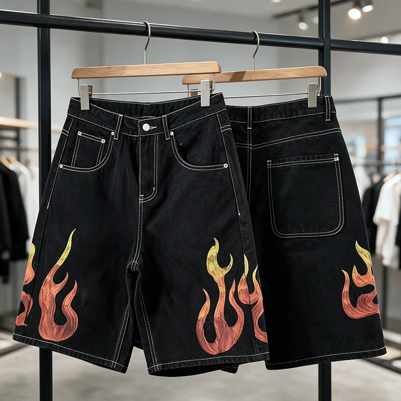 New DERSCHUTZE Unisex Shorts Thick Fabric Black Loose Denim Shorts Front Two Sides Flame Pattern Embroidery Street Casual Wear