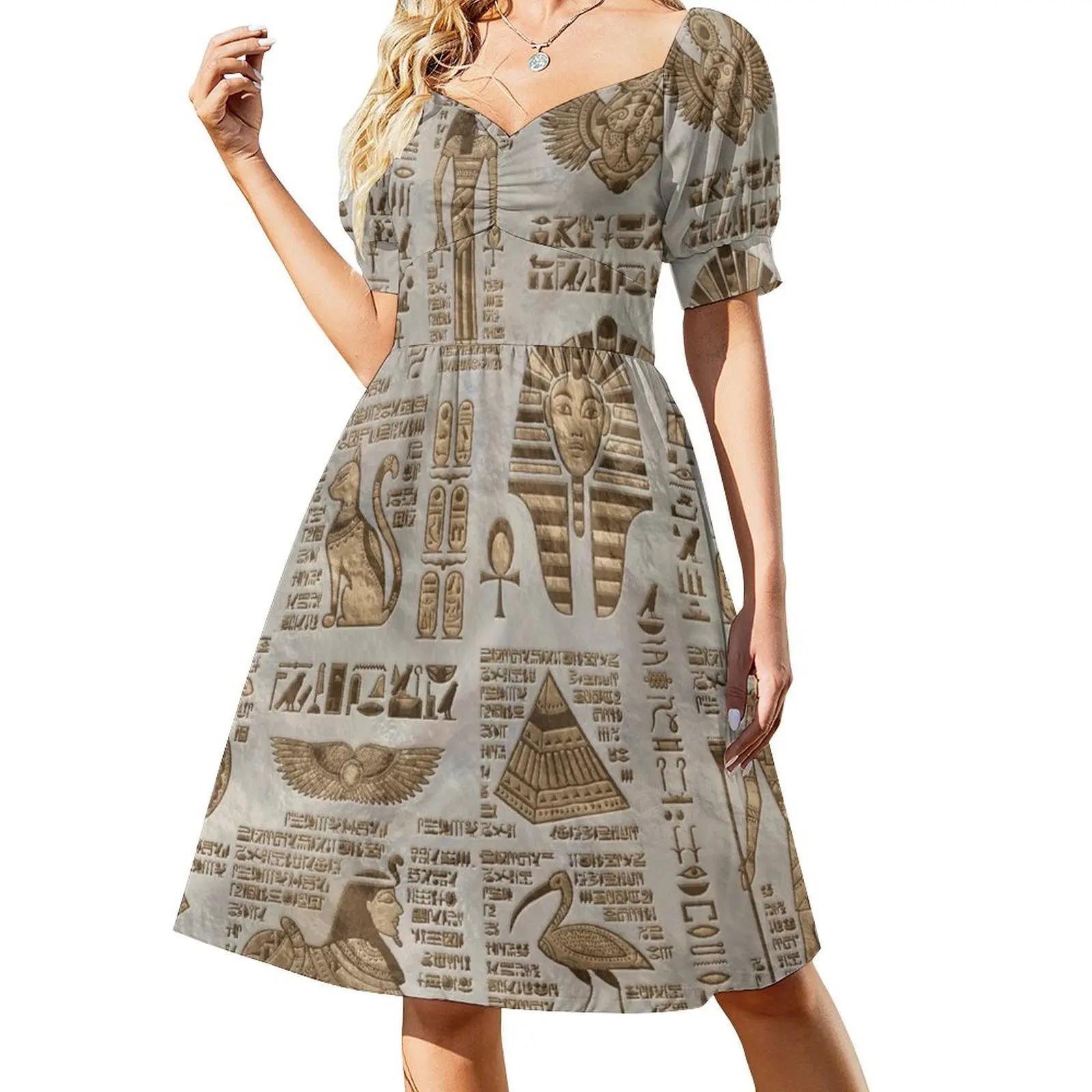 Robe de Bal à Manches Courtes pour Femme, Tenue Vintage Dorée, Déités et Hiéroglyphes Égyptiens, d'Été