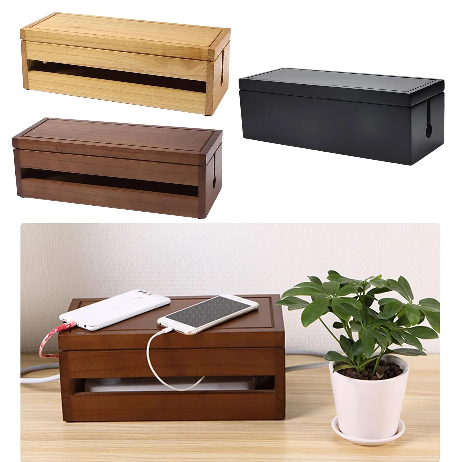 Wooden Cable Management Organizer Box Power Strip Hider for Desk