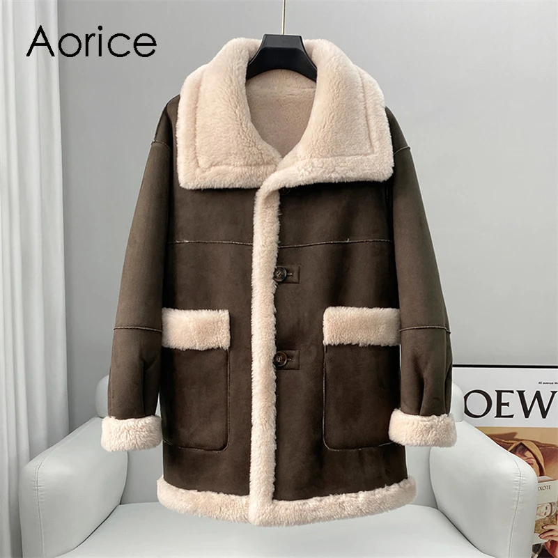 Aorice-abrigo largo de lana auténtica para mujer, Parka cálida con forro de piel de oveja, doble cara, talla grande, CT221, Invierno