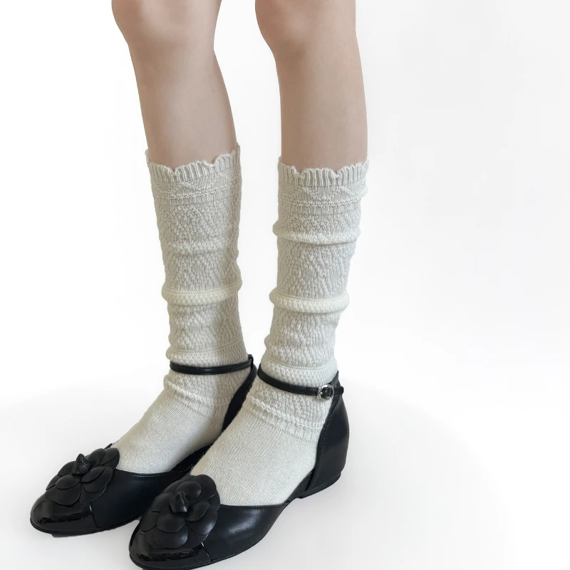 

Носки с рюшами в стиле Лолиты, чулки, осенние и зимние новые полые вязаные носки до середины икры, японские однотонные носки среднего размера для девочек