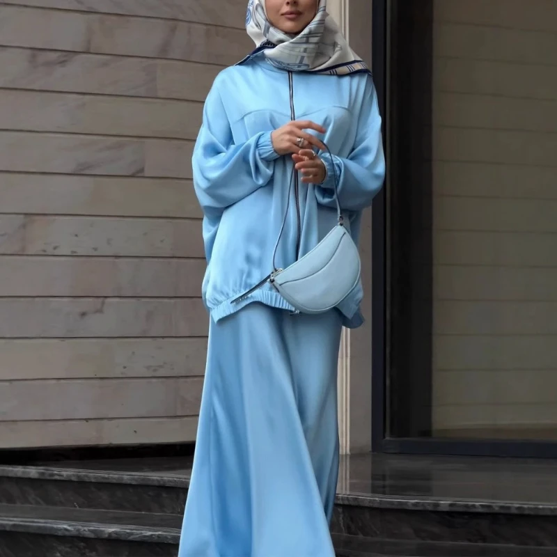 Muslim Dress Satin 2 Piece Set Women Party Abaya Musulman Ensembles Arab Long Robe Dubai Kaftan Vestidos Jalabiya Ramadan Eid
