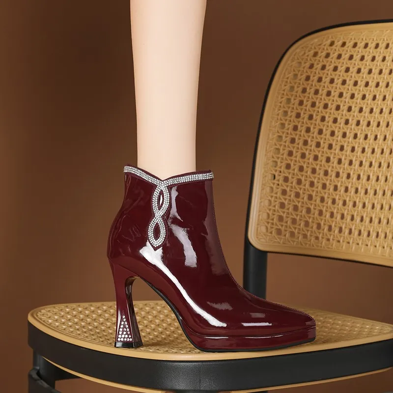 

Women High Heels Pointed Toe Platform Autumn Patent Leather Women Boots Rhinestone Side Zipper Large Size Banquet Boots Women