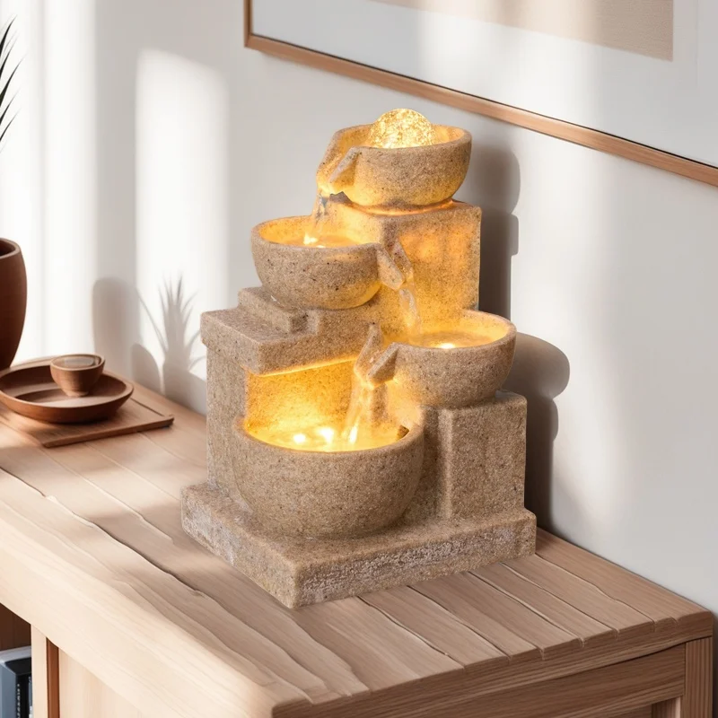 New Sandstone Flowing Water Tabletop Ornament, Sandstone Fortune-Attracting Indoor Tabletop Landscaping Ornament, Circulating Water Tea Table Study Room Ornament