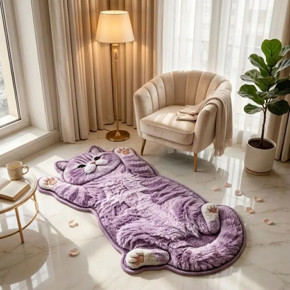 Cute 2D Cat-Shaped Area Rug Anti-fouling Easy to Clean Home Decor Carpet Non-Slip Cartoon Carpet Living Rooms