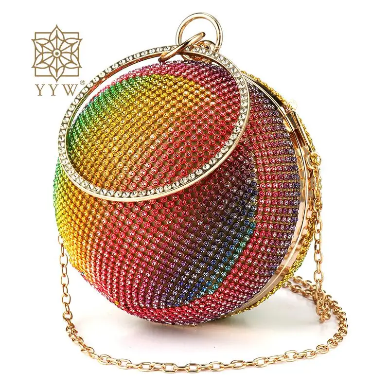 

Colorful Diamond Round Ball Clutch Handbag Lady Wedding Purse Chain Shoulder Bag Box Circle Top Handle Evening Party Bag Wallet