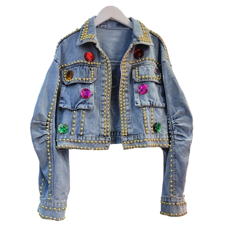 

Multicolour Diamonds Rivet Big Pocket Denim Jacket Women Slim Short Cowboy Outerwear Streetwear Casual Jeans Jacket Coat Female