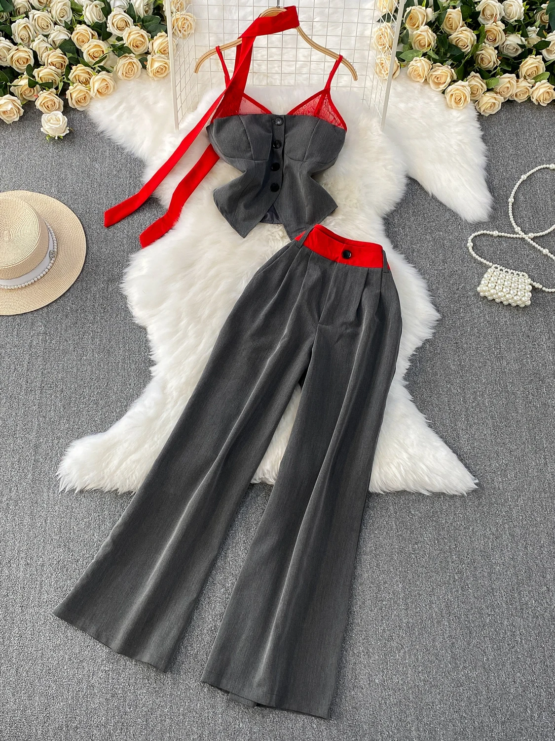 

Sexy Lace Splice Hanging Ne Banderole Top High Waist Slim Wide Leg Pants Two Piece Set Design Sense Unique Faionable