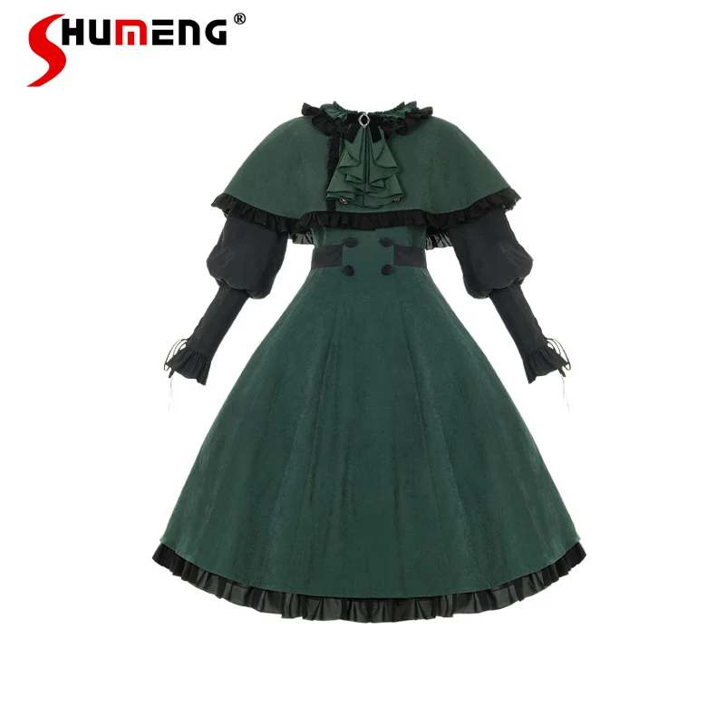 

2023 Japanese Rojita Contrast Black And Green Op Cloak Outfits Lolita Autumn Dress Coat 2 Pieces Set Outer Wear Women's Clothing