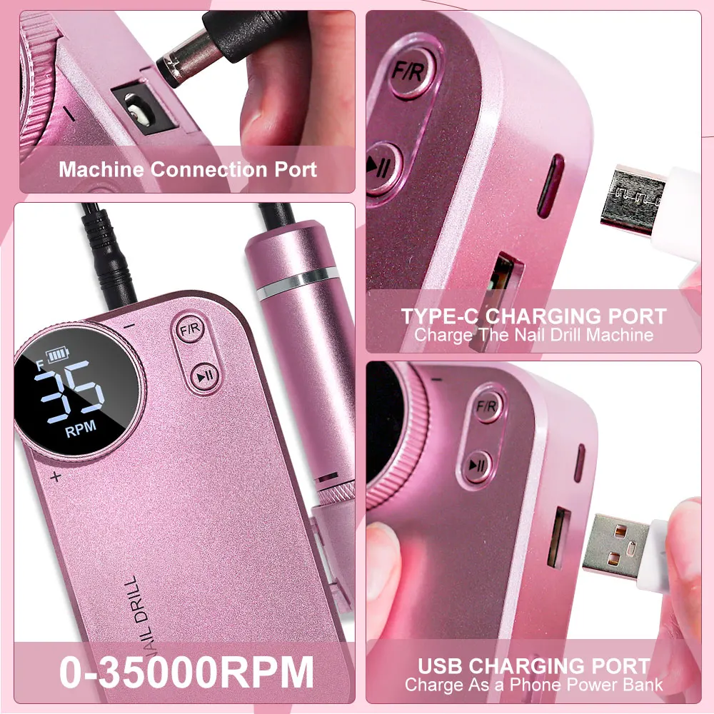Conjunto de broca de unhas sem fio portátil 35000 rpm máquina polidora de unhas com bateria baixa vibração equipamento de baixo ruído verde cinza rosa