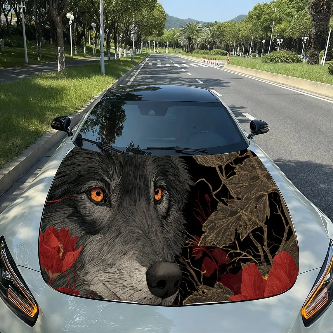 

Rose Wolf Trend Wild PVC Car Hood Wraps, Self-Adhesive Waterproof Car Bonnet Decal Sticker, Car Decoration Protection Stickers f