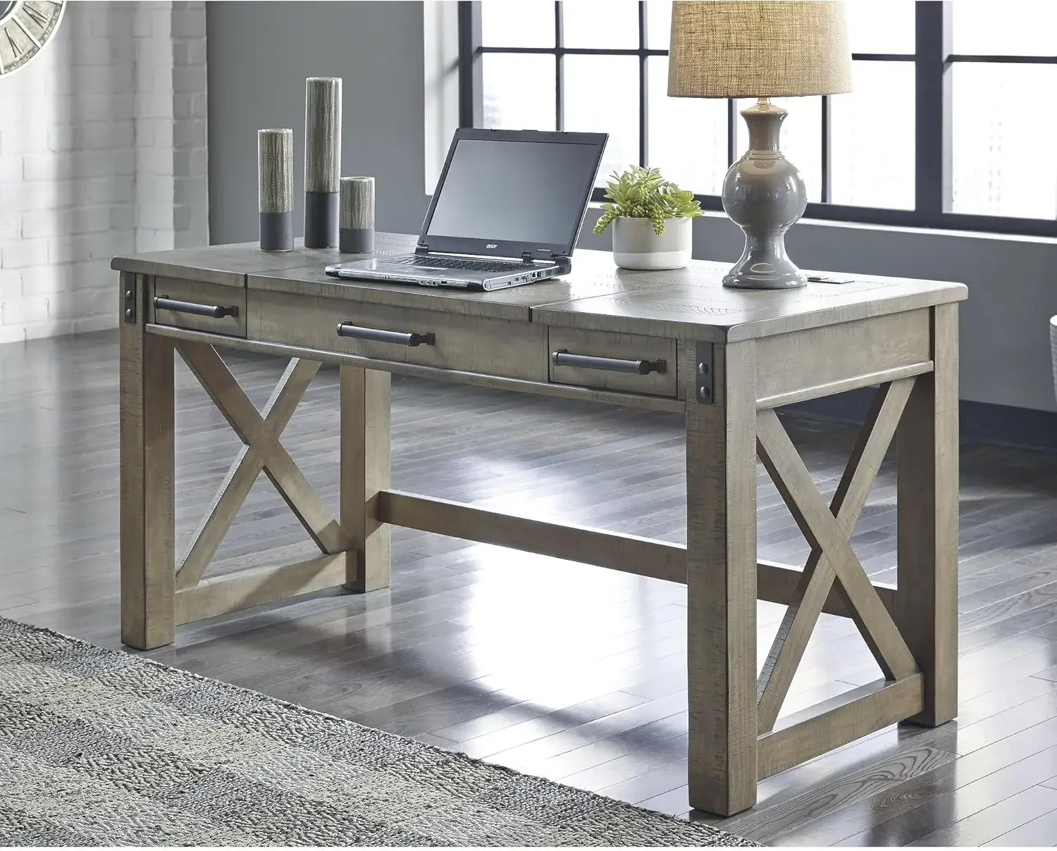 

Rustic Farmhouse Wood Lift Top Desk with 2 USB Charging Ports, 60" Home Office Desk With 2 Drawers, Distressed Gray