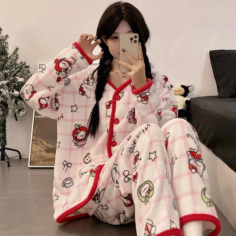 Anime Hello Kitty Pyjama und Pyjama aus weichem Flanell, Kawaii verdickte warme und bequeme Paar-Hauskleidung, Weihnachtsgeschenke