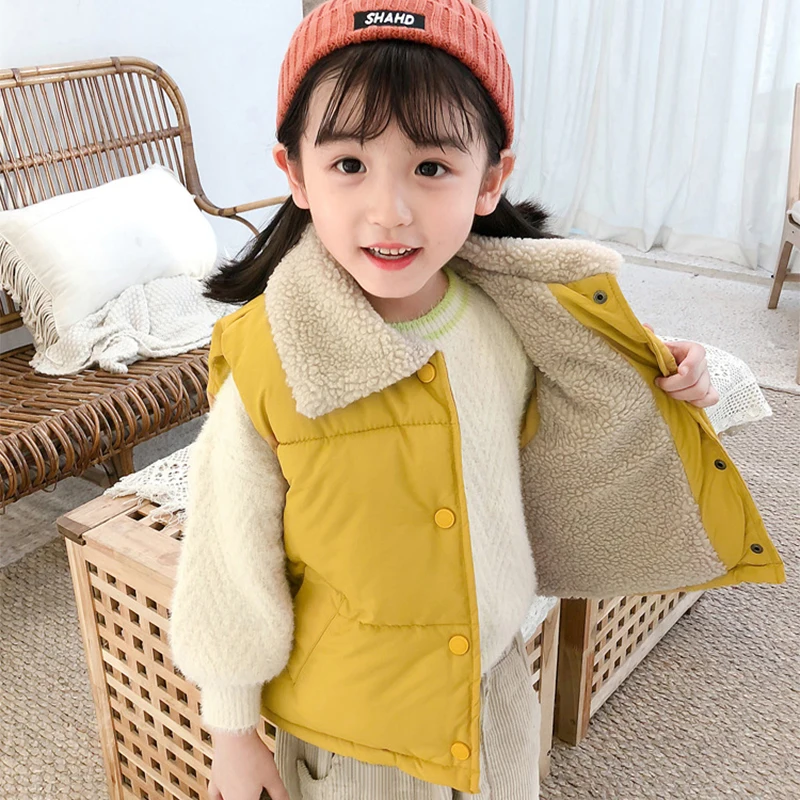 2026 Autumn Winter Children Plus Fleece Waistcoat Baby Boy Girls Lamb Wool Lined Snap‑Button Warm Sleeveless Jacket Kids Clothes