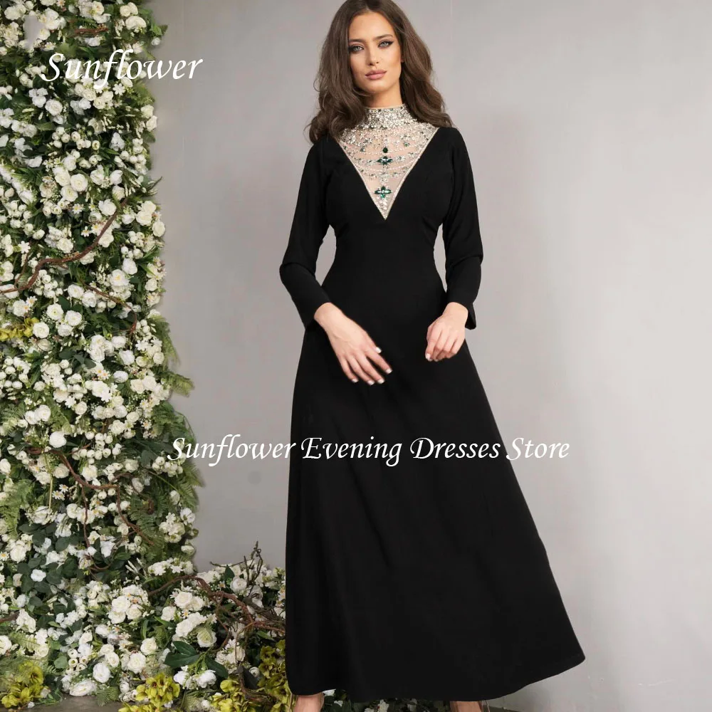 Sunflower Beading High Neck A-LINE فساتين السهرة Elegant Crepe Long Sleeve Party Prom Dress Prom dresses Formal vestidos de fies