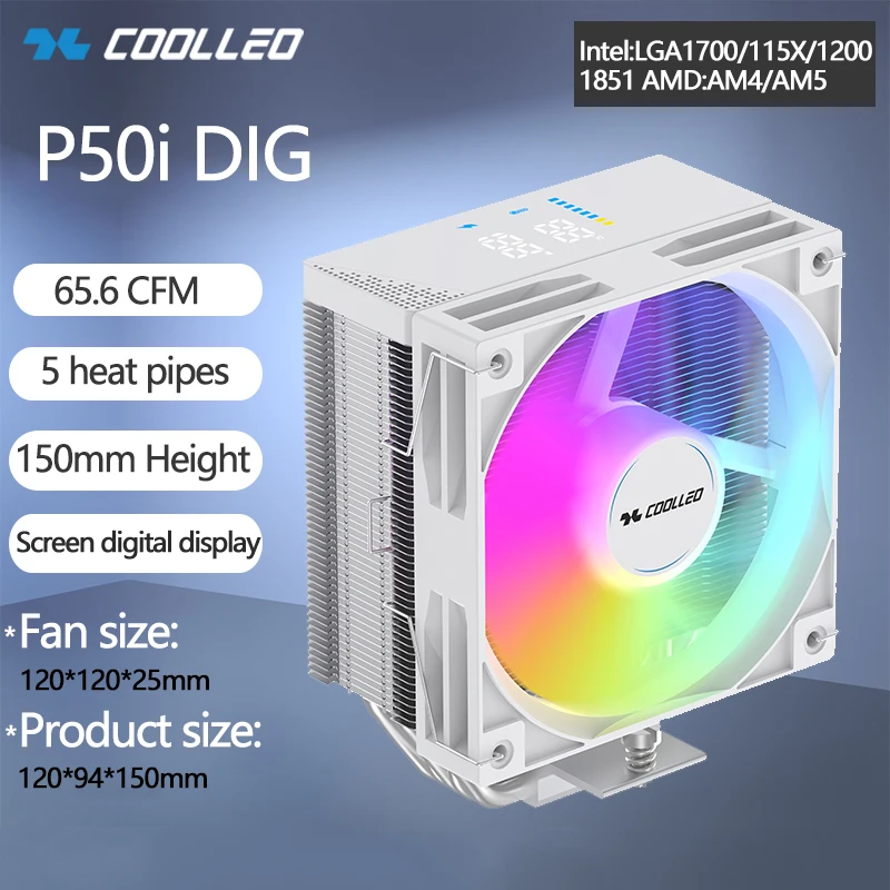 

COOLLEO P50i DIG 5 Heat Pipes CPU Cooler Real Time Temperature Display for Intel LGA1700/115X/1200/1851 AMD AM4 AM5