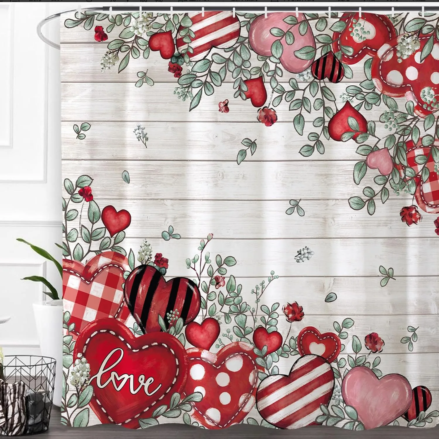 Rustic Love Heart Pattern Shower Curtain Machine Washable All Season Waterproof Privacy Protection Farmhouse Design Romantic