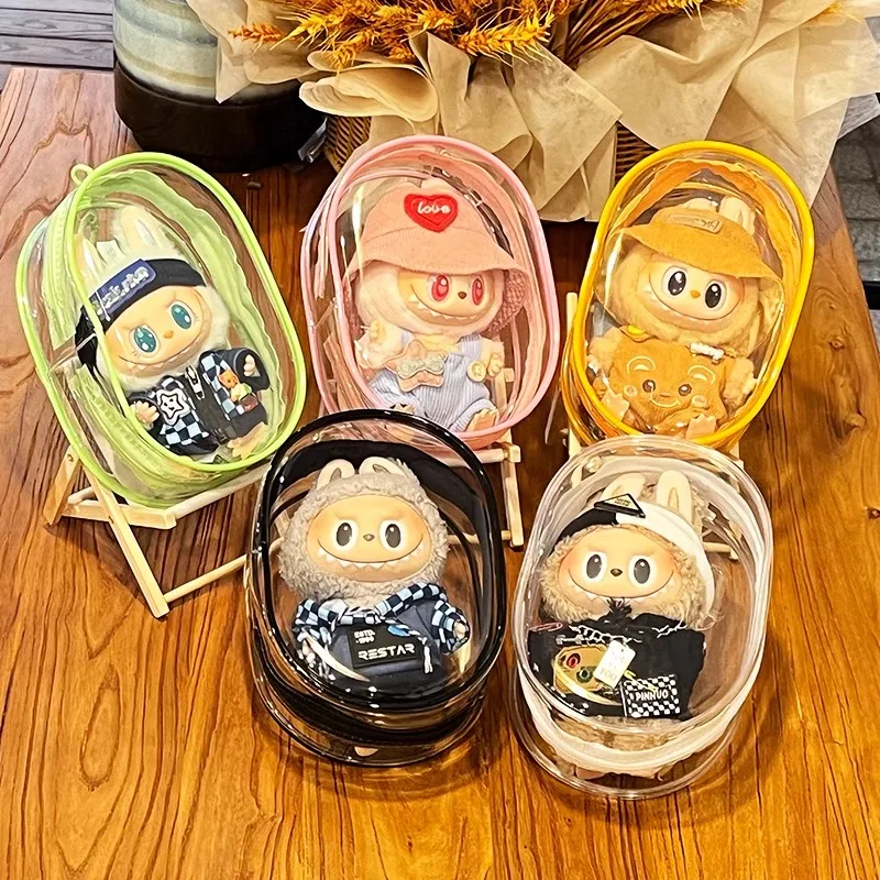 Transparent Protector Case Square Organizer Box for 17cm Labubu Plush Dolls Outdoor Display Bag With Keychain Doll Accessories