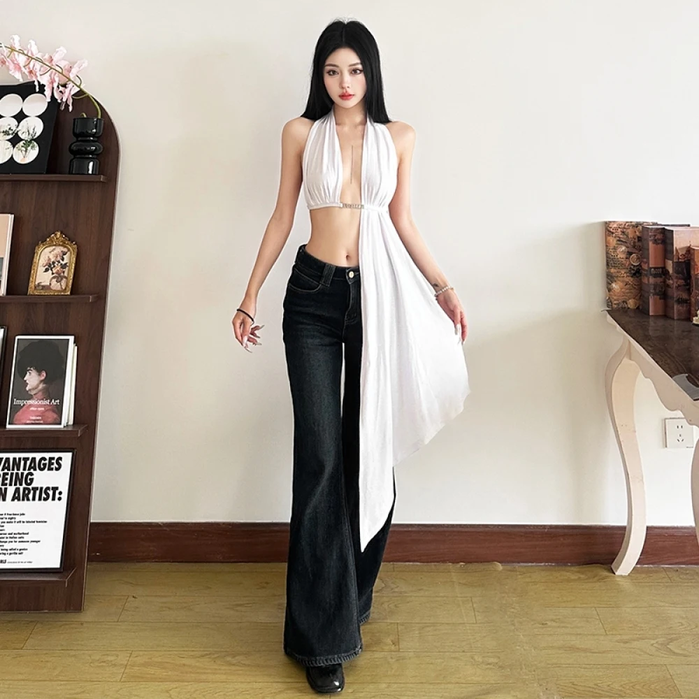 SylCue 섹시한 조끼 여성 불규칙한 홀터넥 래핑 된 가슴 민소매 백리스 리본 Hot Chick 스트리트 패션 와일드 스타일 의류