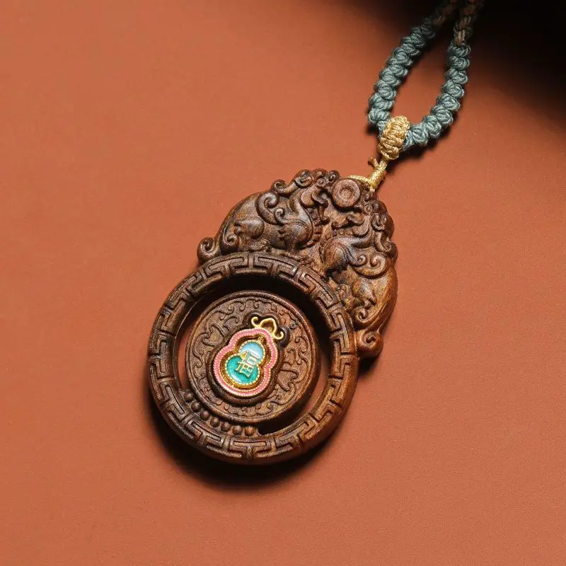 Agarwood pendant double Pixiu and gourd, finely carved, for the zodiac year, handcrafted with a woven cord