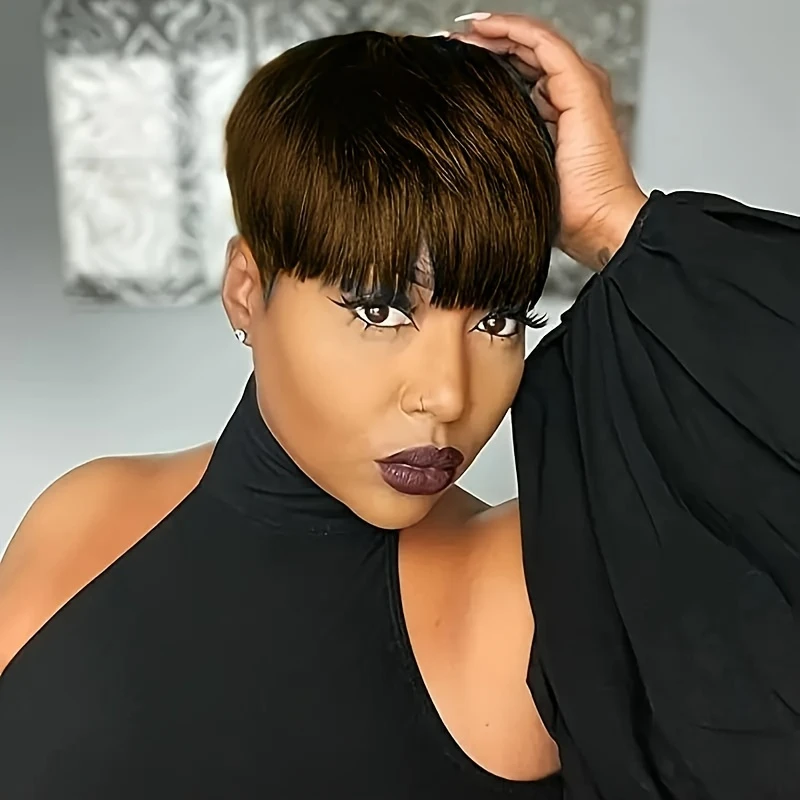 Pixie Cut Wig Human Hair Wigs For Black Women with Bangs Pixie Cut Short Straight Black Wigs Machine Made Wigs