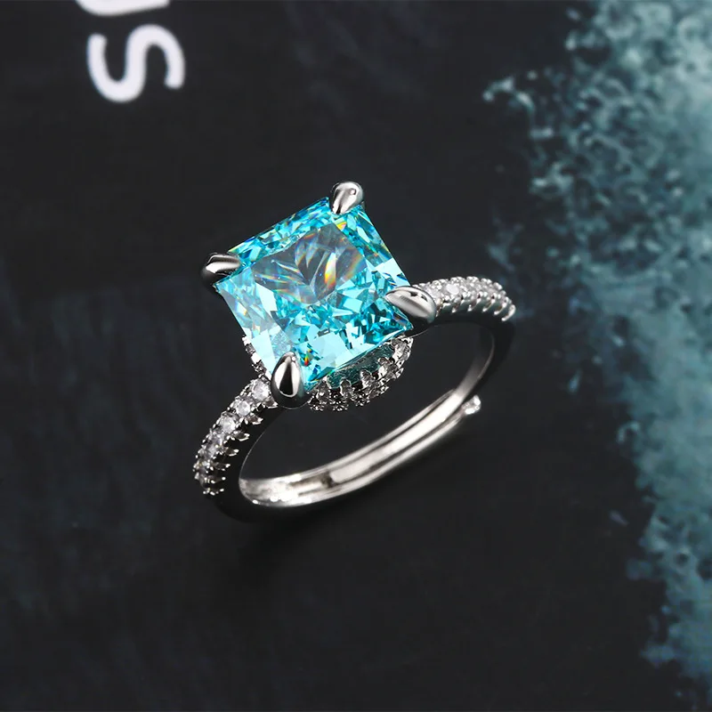 High Quality Square Yellow Diamond Ring Women's Fashion 10*10 Chamfered Sea Blue Ice Cut Stone Open Ring Wedding Party Jewelry