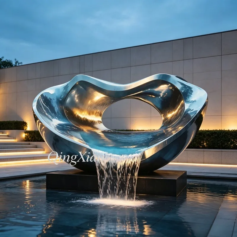 Stainless Steel Special Shaped Curved Cavity Waterfall Sculpture Welded Custom Overflow Water Feature For Hotel Garden Decor