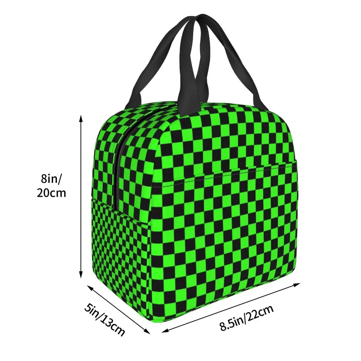 Small Checkered Black And Neon Green Checkerboard Plaid Insulated Lunch Bag Women Portable Cooler Thermal Bento Box Work School