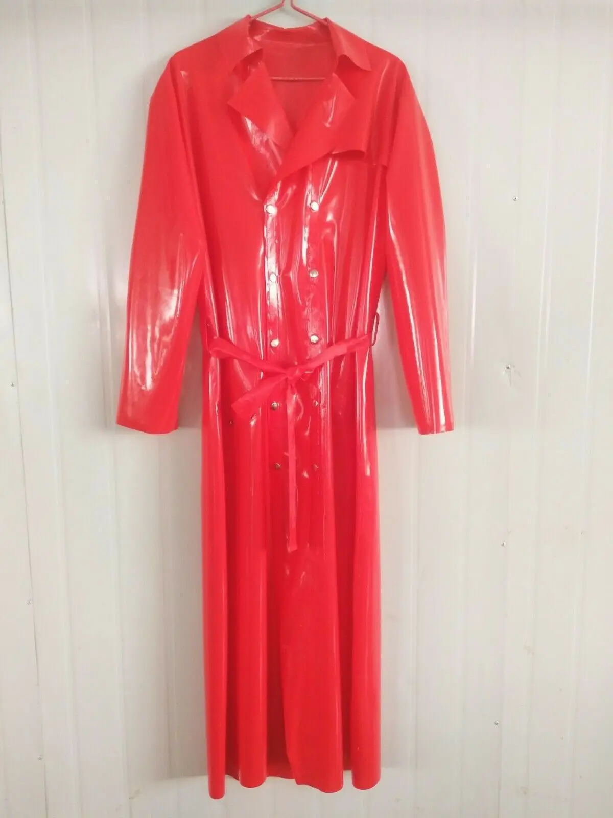 New Latex Rubber Anzug Mantel Gummi Rot Long Trench Coat Ganzanzug Size S-XXL