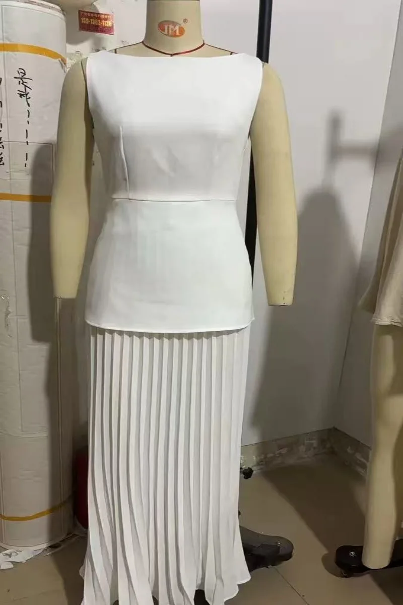 Women Elegant Solid Splice Pleated Skirts Set Sexy Slash Neck Sleeveless Tank Boho Dress Summer Hollow Slim Maxi Skirts   3.5