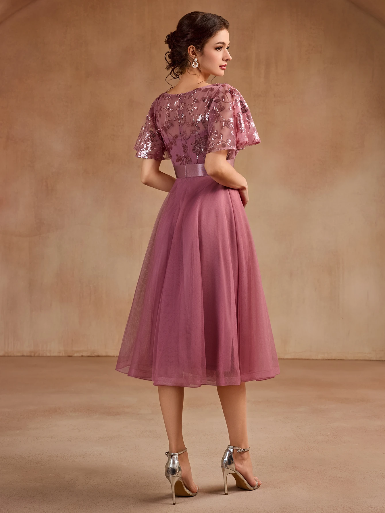 2025 جديد قصير الأكمام س الرقبة ثوب مسائي الدانتيل التطريز فستان خادمات الزفاف ألف خط الكرة ثوب حفلة عيد ميلاد فستان #2