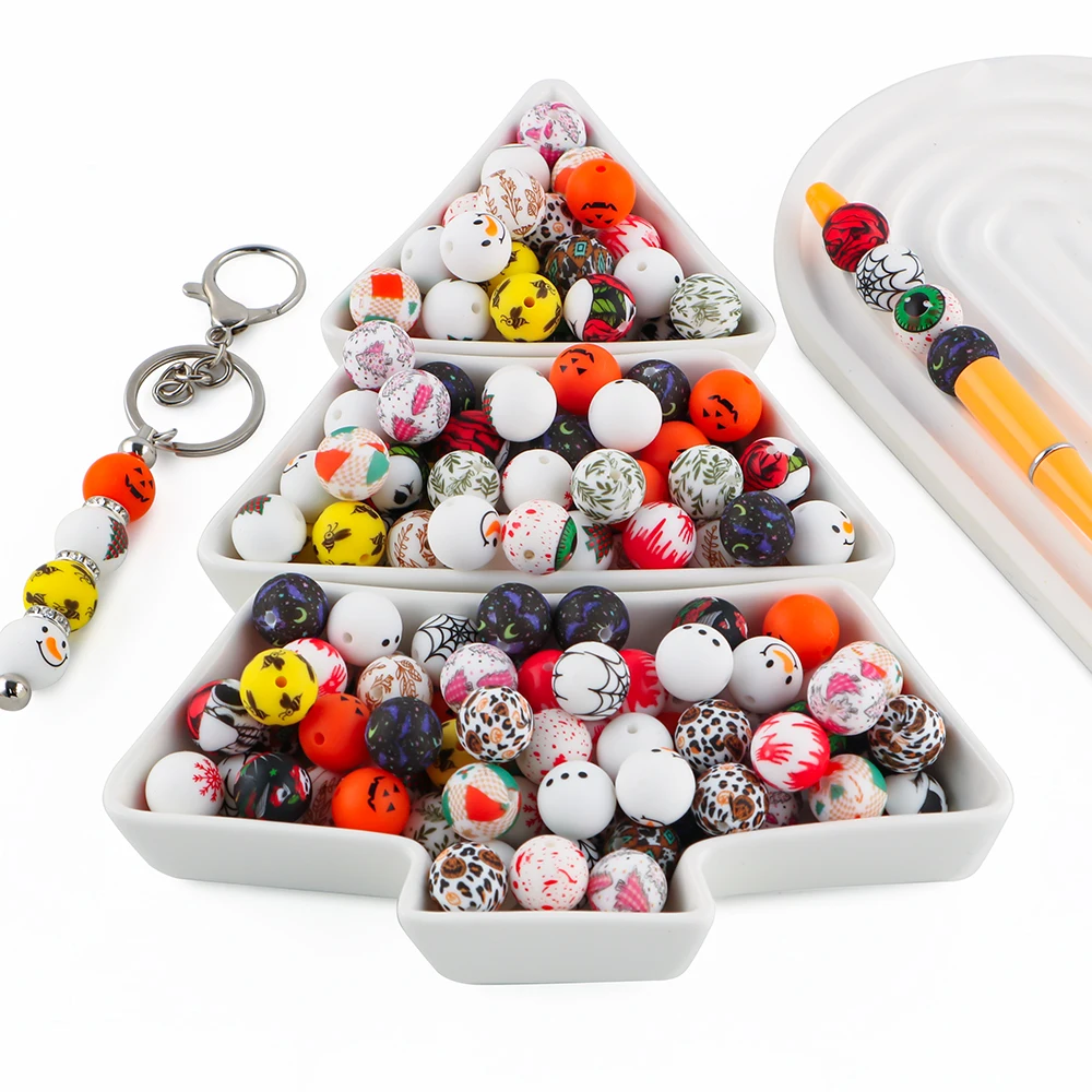 

New 10/20pcs Silicone Printed Beads Round Food Grade Silicone Beads DIY Making Bracelet Keychain Accessories