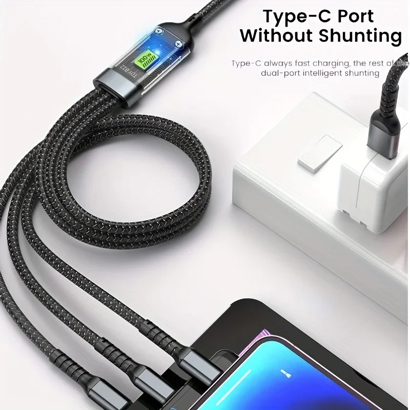 3 in 1 100w Super Fast Charging Cable, LED Indicator, Durable Nylon braiding, Charging Solution for Type-C, iPhone, and Android