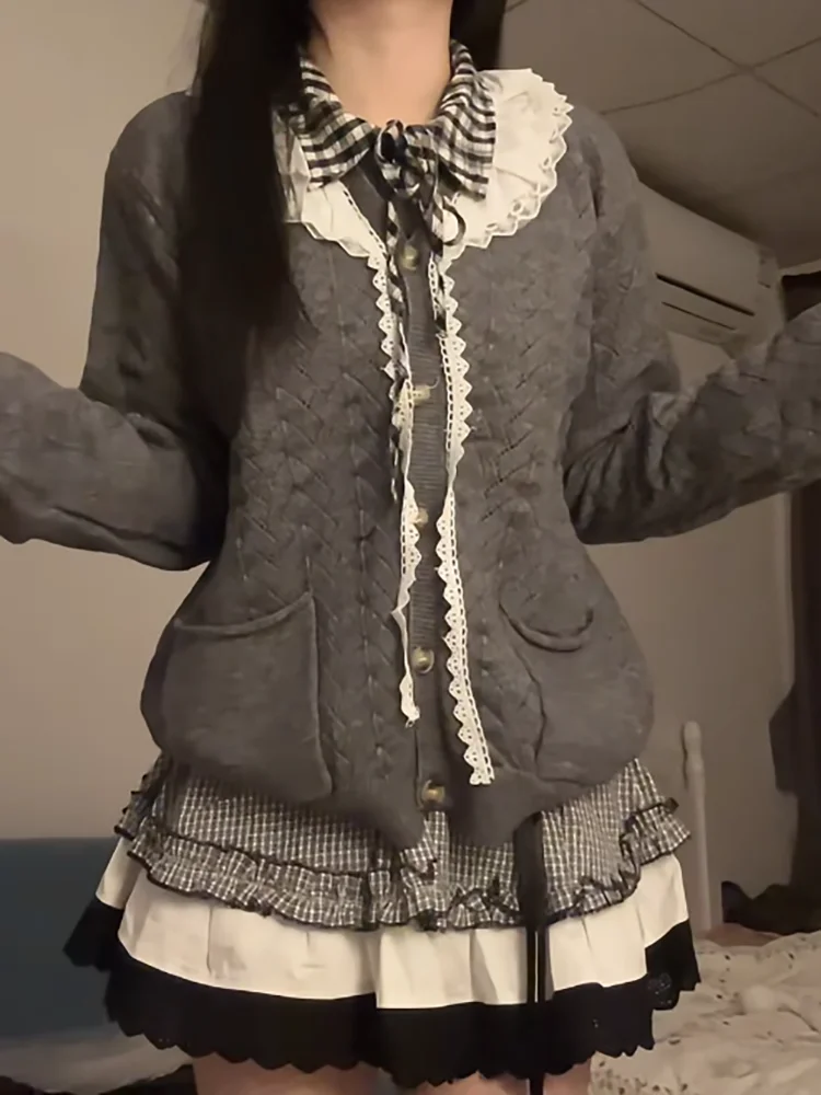 Preppy Niche Vintage Cardigan, Versatile Slim Undershirt, New Sweet Age-Reducing Cake Skirt Women Suit (Excluding White Shawl)