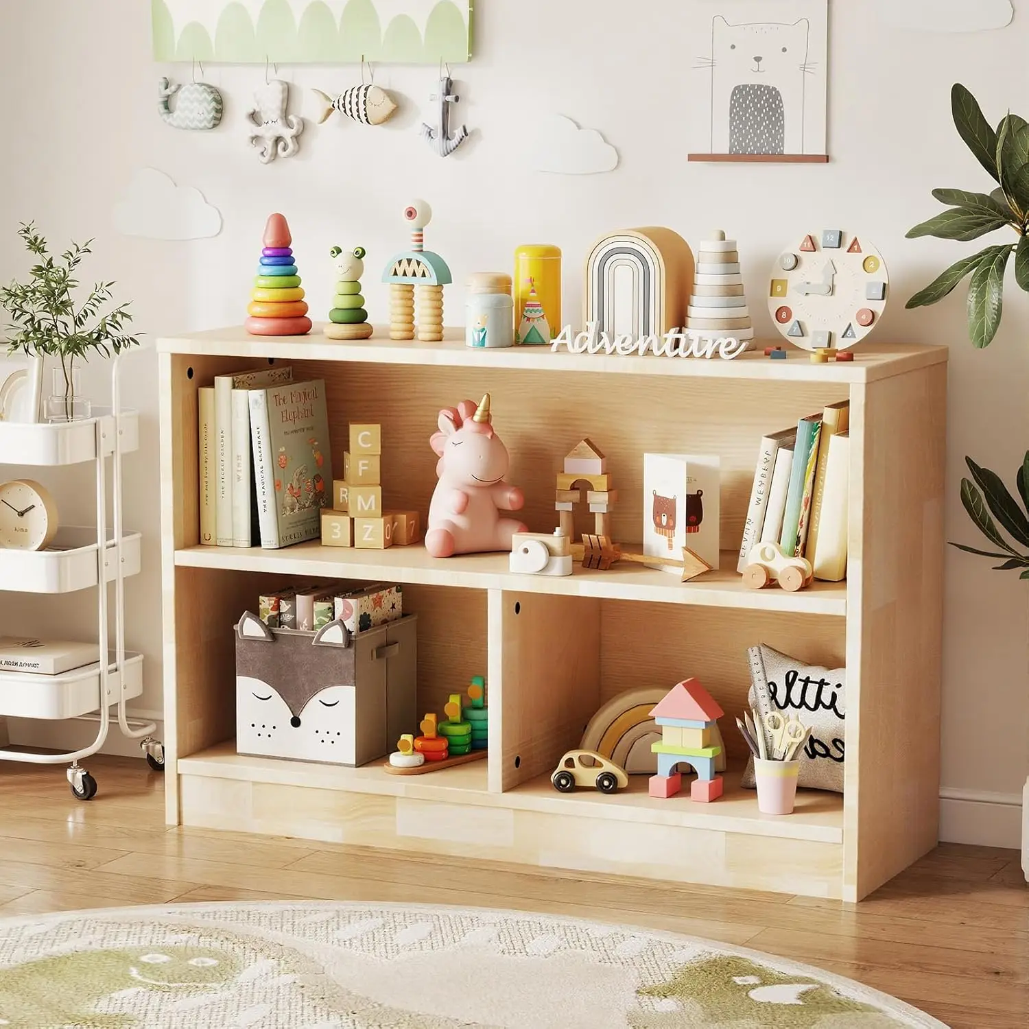 

Книжный шкаф Монтессори из каучукового дерева, 3-секционный органайзер для игрушек, 2-ярусная полка для книг для малышей, для книг и игрушек, на заказ