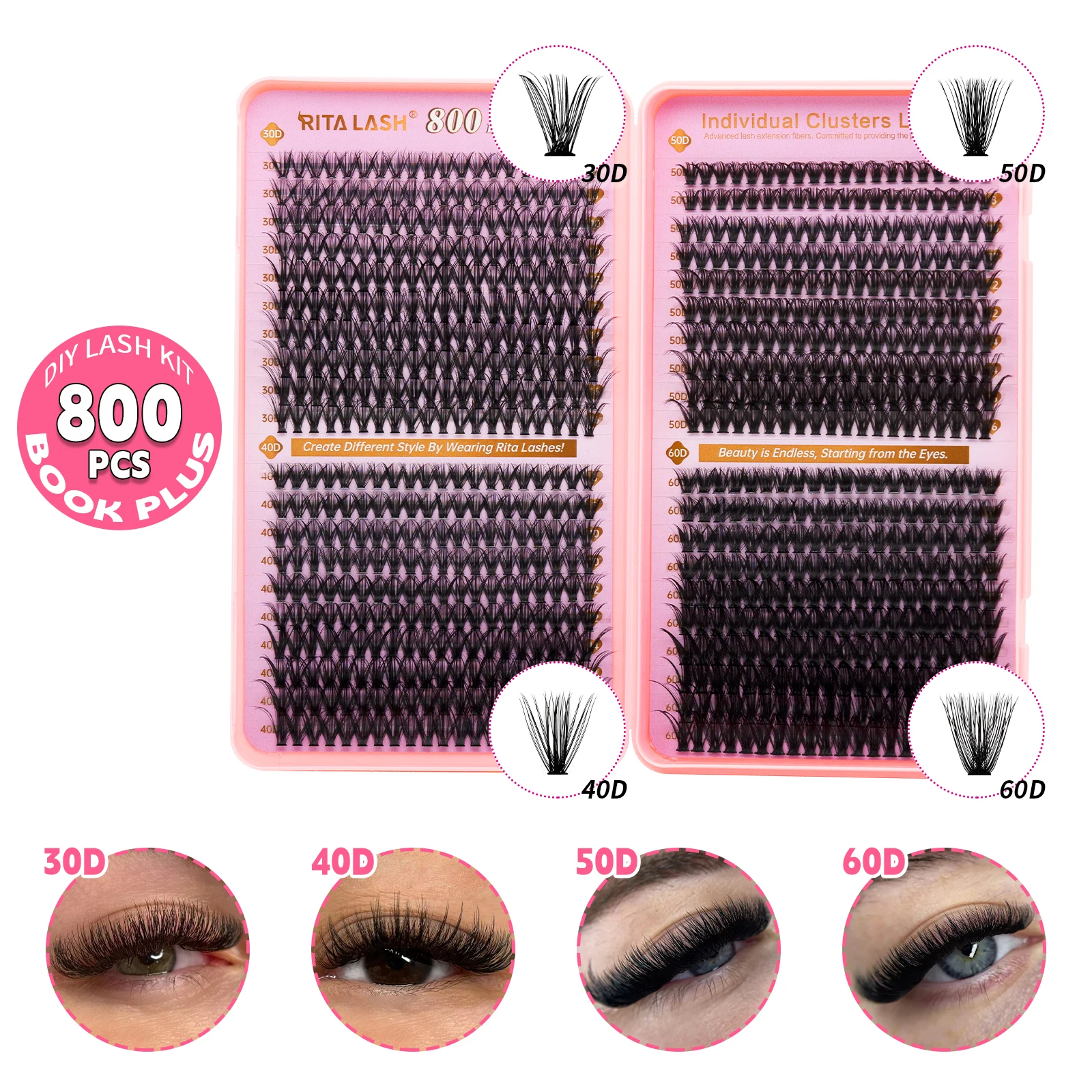 RITALASH 800PCS Cluster Lash book DIY Eyelash Extensions D Curl Long Individual Lashes Mixed Tray Lash Clusters Extensions