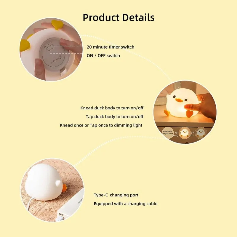 DoDo Duck Night Light Cute Duck Silicone Dimmable Nursery Nightlight Rechargeable LED Bedside Lamp Baby Bedrooms Living Room