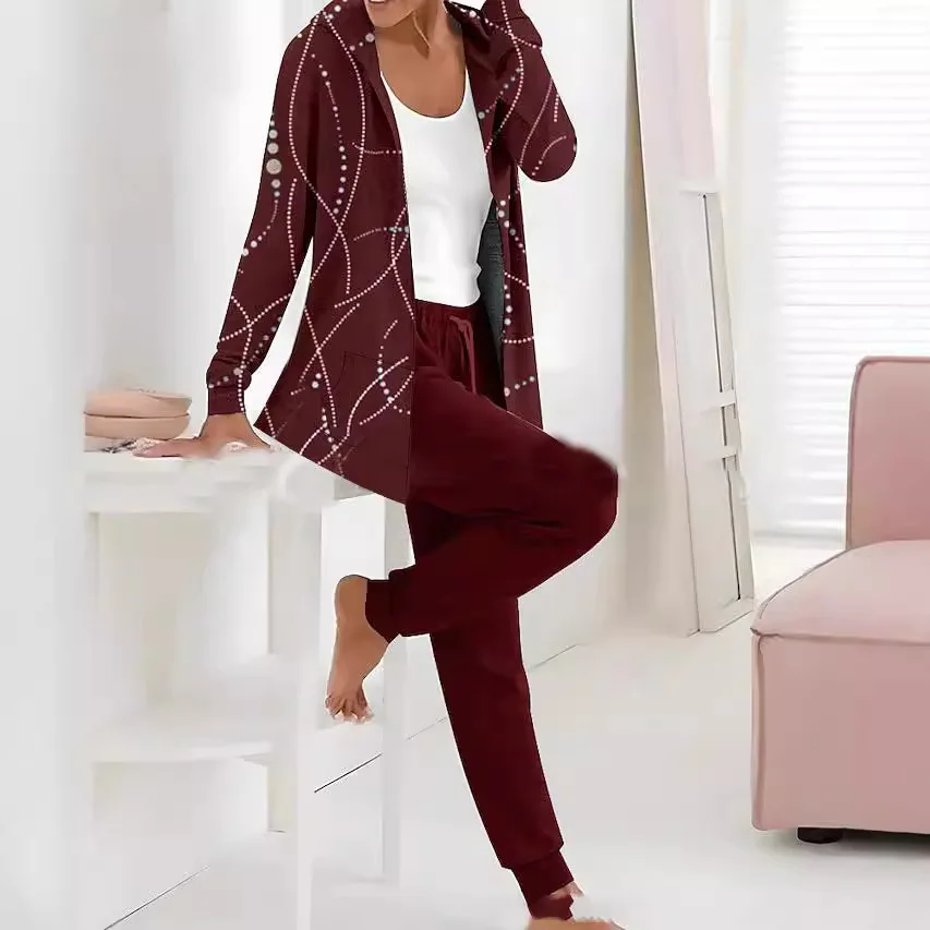 

Women Two Piece Pant Sets Print Hooded Cardigan Drawstring Pencil Pants Suits Casual Slim Fit Outwear Spring Summer 2025