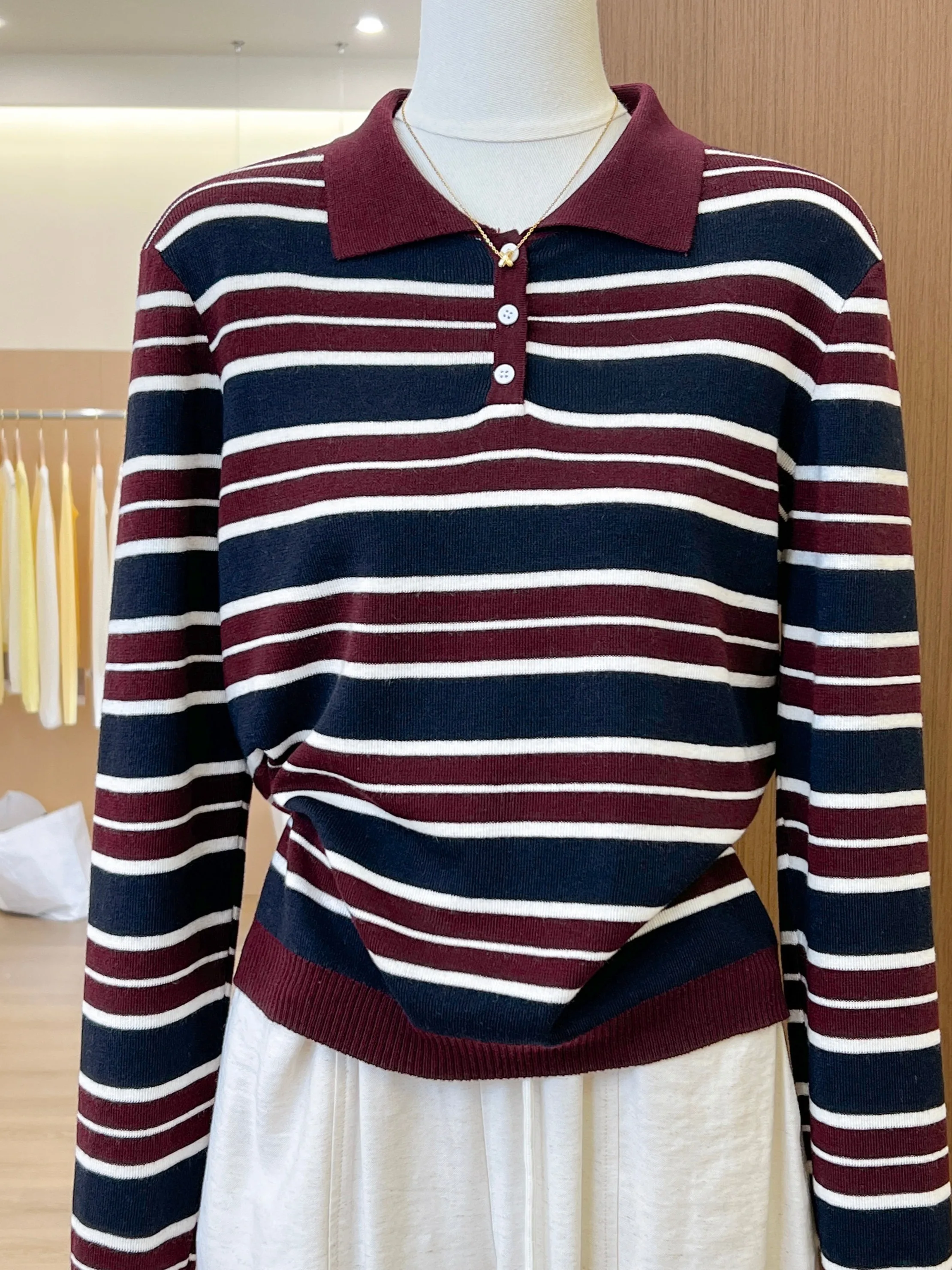 

Высококачественный женский вязаный длинный топ с воротником-стойкой Sve irt, винтажный дизайн в полоску, осень 2021, внутренняя одежда Sweet Sle