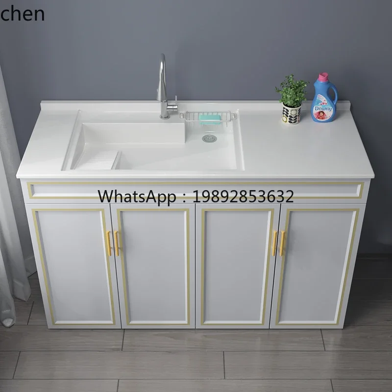 Meuble de buanderie double pour balcon avec lave-linge, sèche-linge intégré, évier de comptoir et planche à récurer