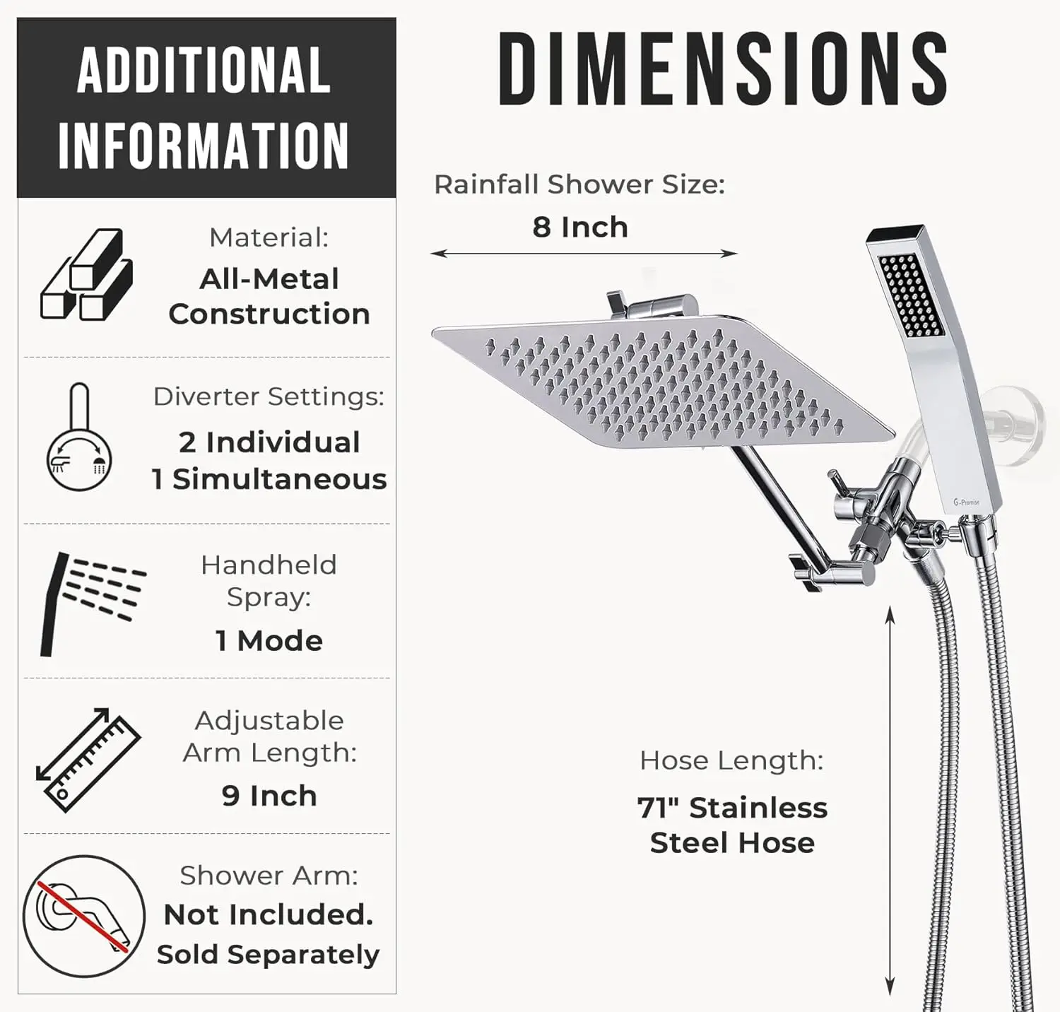 8-Inch Dual Square Shower Head with Handheld Spray, Adjustable Arm and Long Hose for Bathroom Upgrade in Chrome