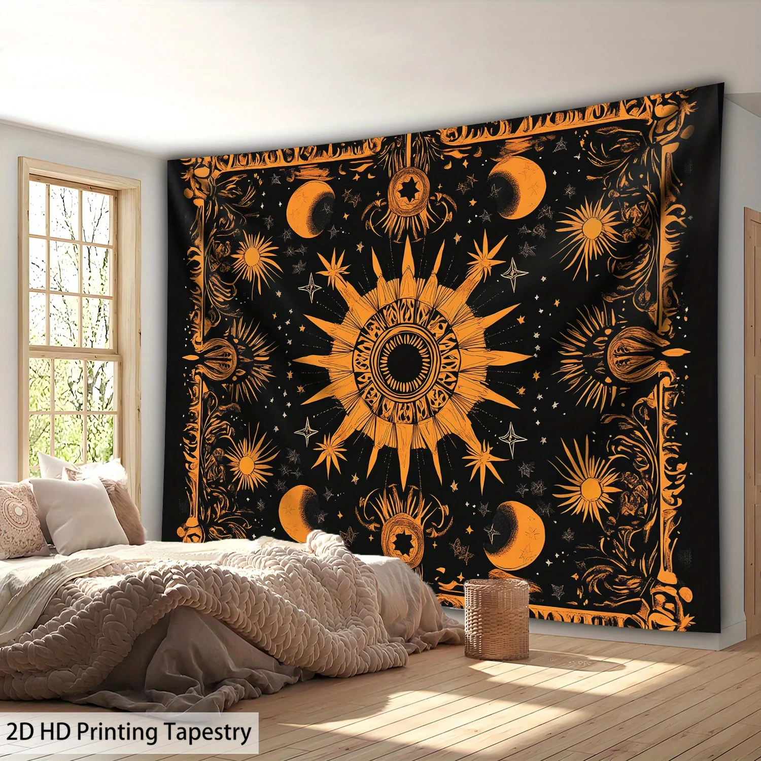 Black Gold Sun and Stars Tapestry Bohemian Living Room Wall Hanging Mystical Style Room Decor Free Hooks Included Quick Setup
