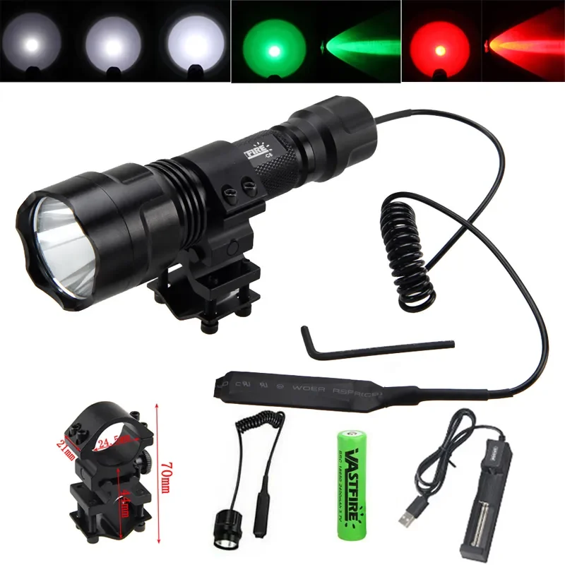 2500lm 500-800M zasięg LED taktyczna latarka myśliwska przenośna latarka zewnętrzna wodoodporna latarnia + 18650 + ładowarka USB + przełącznik