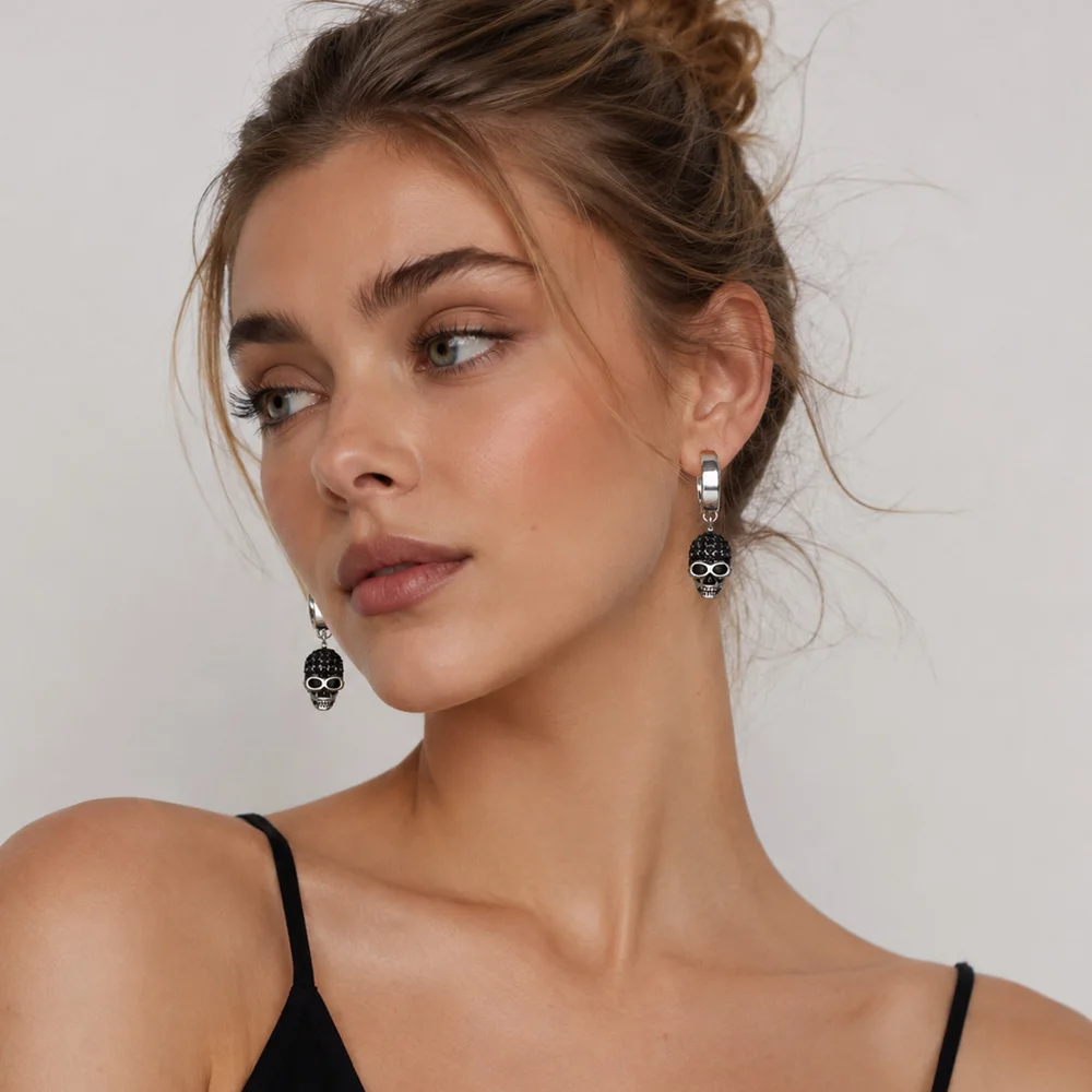 Hinged Hoop Earrings Skull Pave Gift In Real 925 Sterling Silver,Europe Style Rebel Punk Jewerly For Women Men
