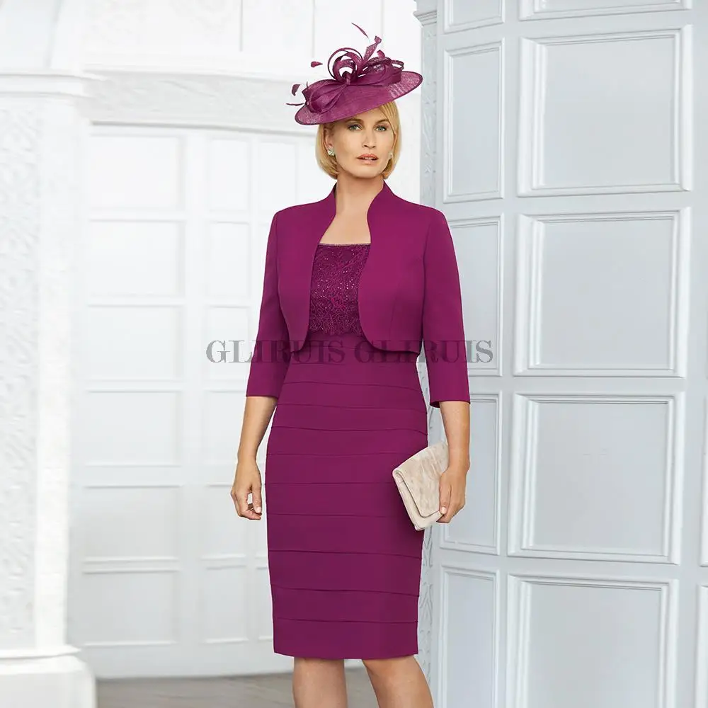 

Pleat Mother Of The Bridegroom Dresses For Woman With Sleeves Knee Length Purple Mom Wedding Gown Robe De Soriee Femme