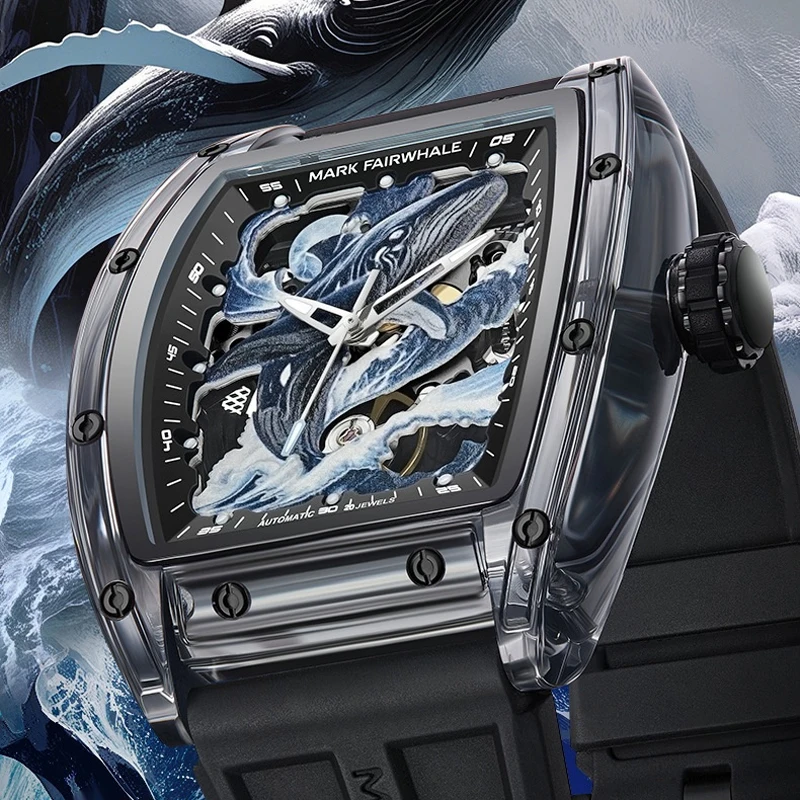 

Mark Fairwhale Brand New Fashion Hollow Mechanical Watch for Men Sports Rubber strap Waterproof Luminous Mens Automatic Watches
