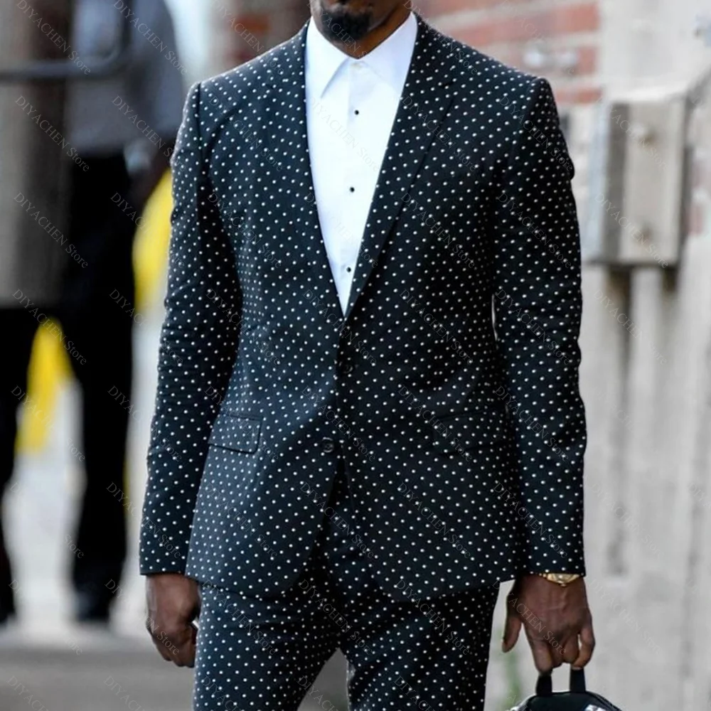 

Chic Polka Dot Men Suits Black Fashion Single Breasted Notch Lapel Outfits 2 Piece Slim Casual Daily Formal Suit (Blazer+Pants)