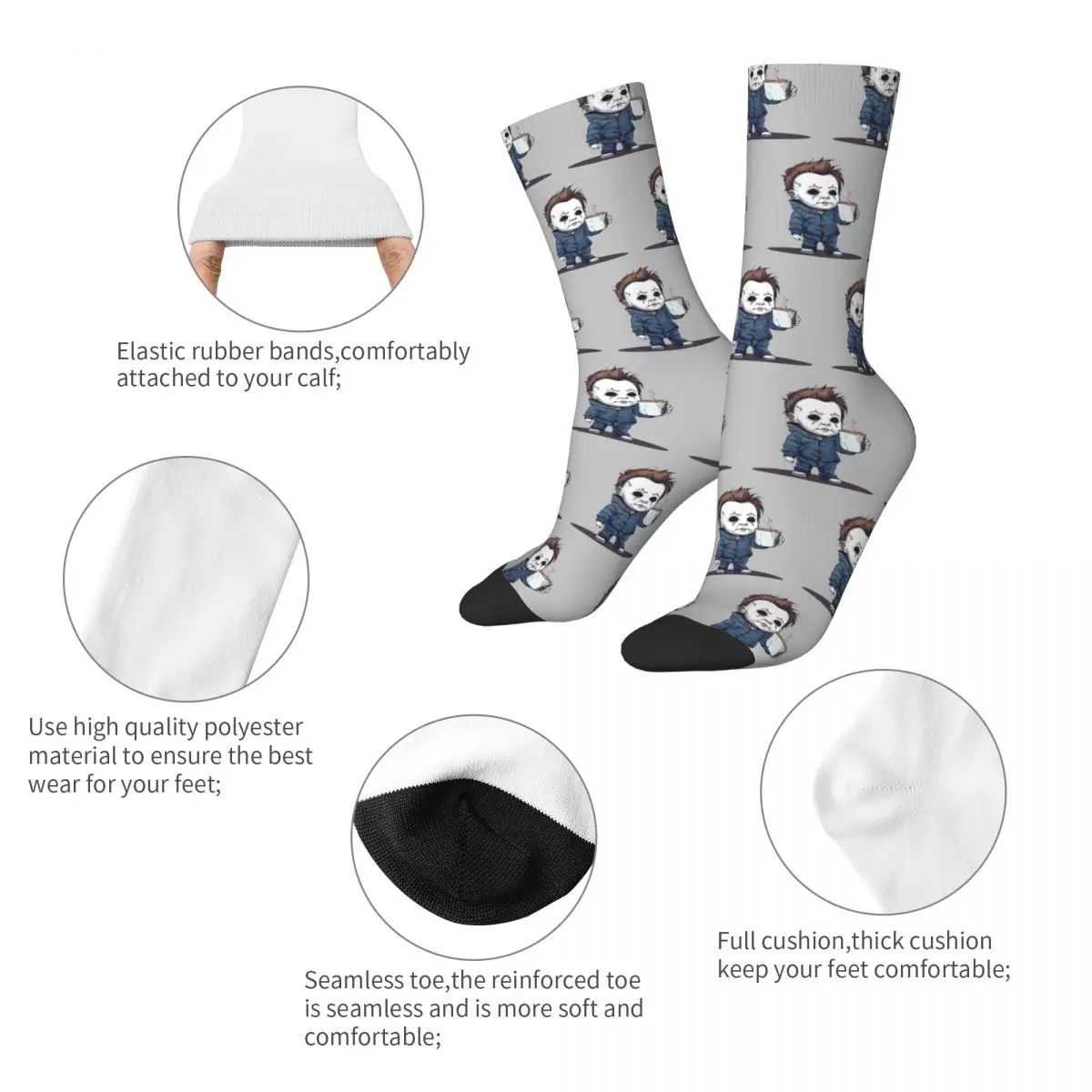 Crazy Design Michael Myers Morning Coffee Soccer Socks Halloween Horror Movie Polyester Middle Tube Socks for Unisex Non-slip