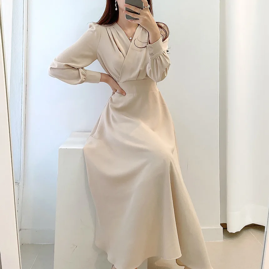 Harajuku V-neck Puff Sleeve A-line Maxi Dresses for Woman Women Solid Color Midi Robe Korean Office Dresses Elegant Spring 2022